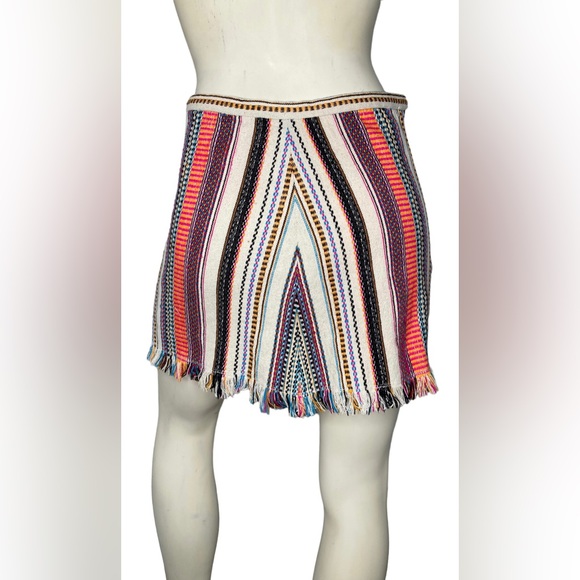 ZARA Multicolored Ethnic Western Aztec Woven Boho Frayed Fringe Mini Skirt - Picture 3 of 10